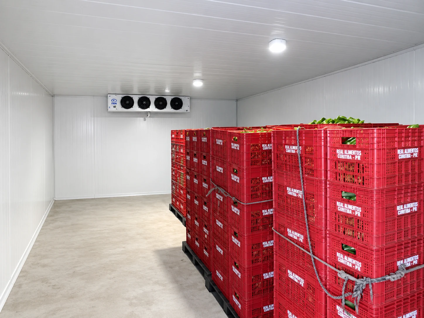 Interior de câmara fria com estrutura de refrigeração